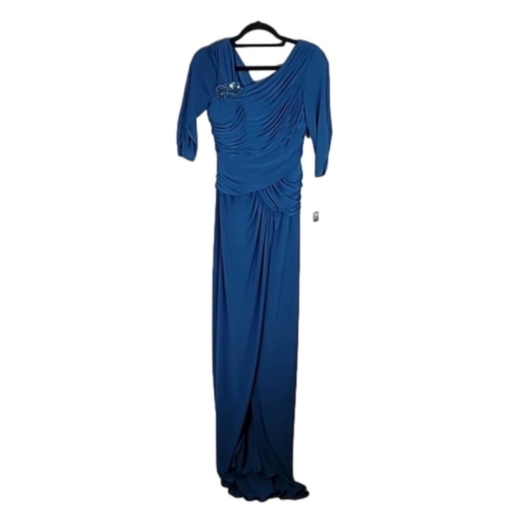 NWT Adrianna Papell LS Jersey Gown Size 6 Teal Blue Ruched Maxi Rhinestone Wrap